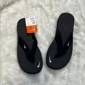 Nike Black Flip Flops with White Logo nwt